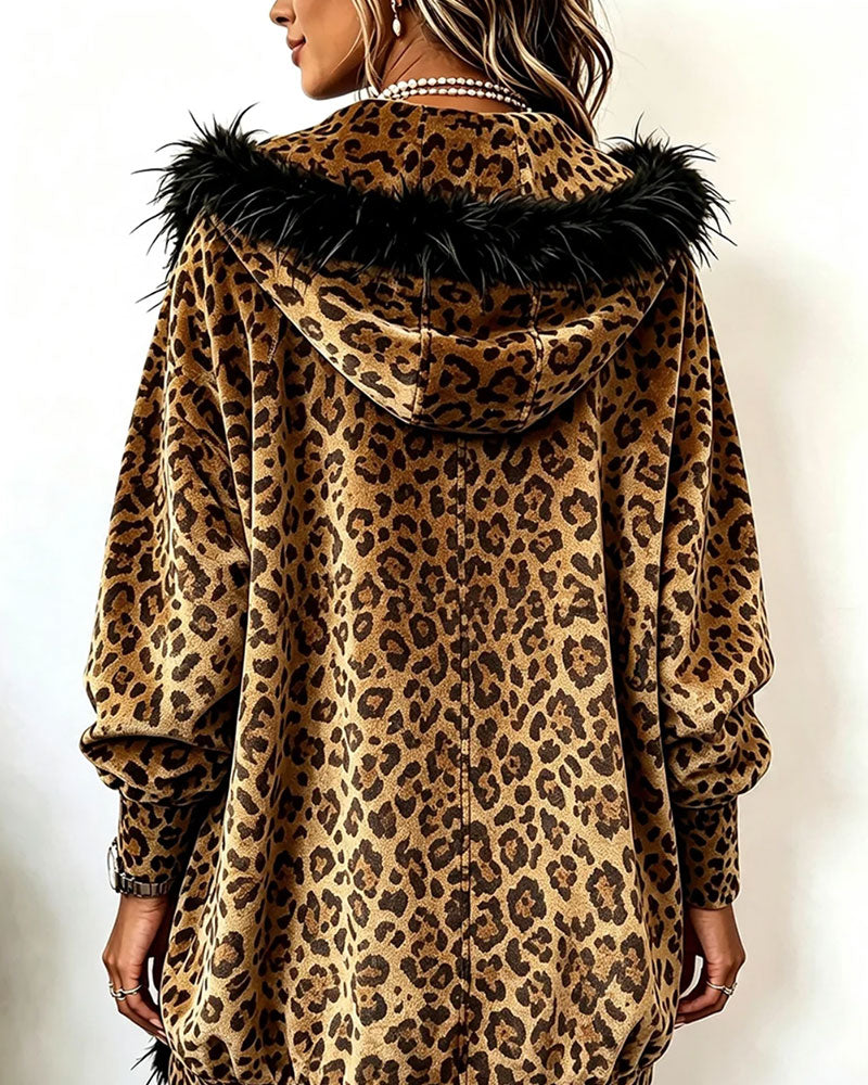 Manteau Imprimé Léopard Peluche À Capuche