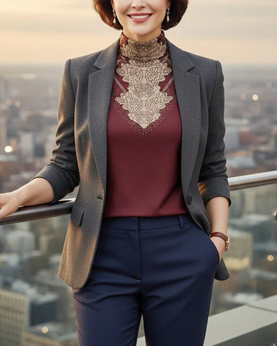 Haut Élégant Imprimé Cintré Femme Col Montant