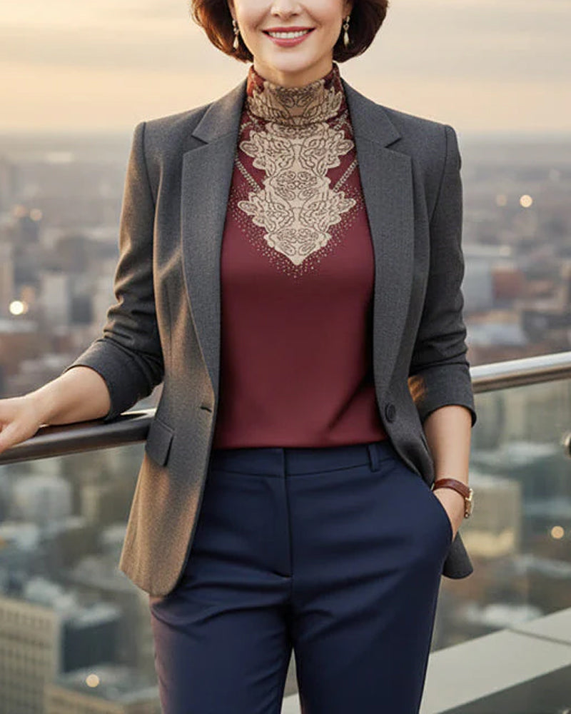 Haut Élégant Imprimé Cintré Femme Col Montant