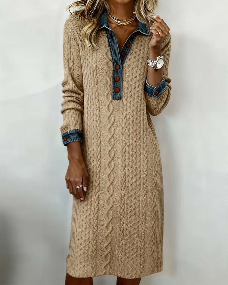 Robe À Col En Jean, Motif Torsadé Et Patchwork
