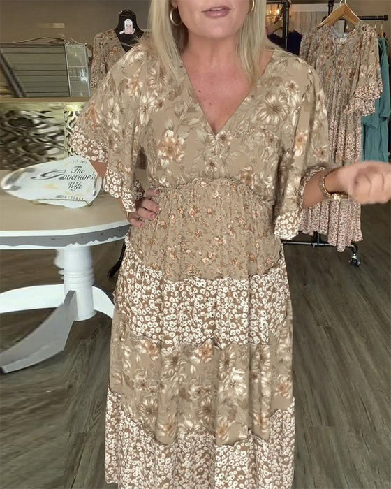 Robe Encolure En V Manche Lotus Fleuri