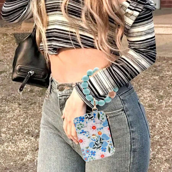 Petit Porte-Monnaie En Cuir Floral Avec Porte-Clés Et Bracelet