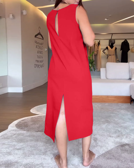 robe décontractée col en V sans manches couleur unie fendue