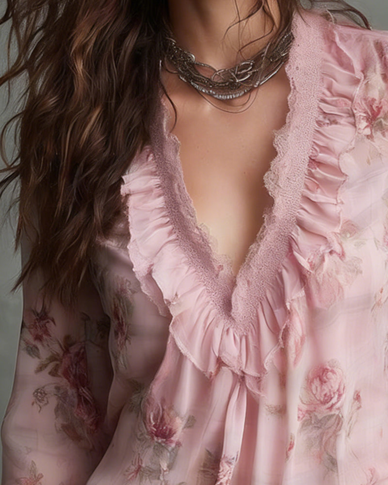 Blouse Fleuri Col V Froncé