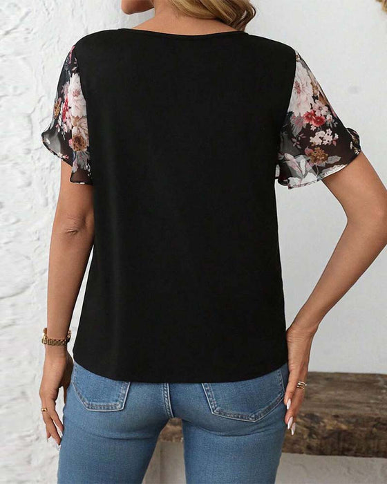 Blouse À Manches Courtes Lacets Imprimée