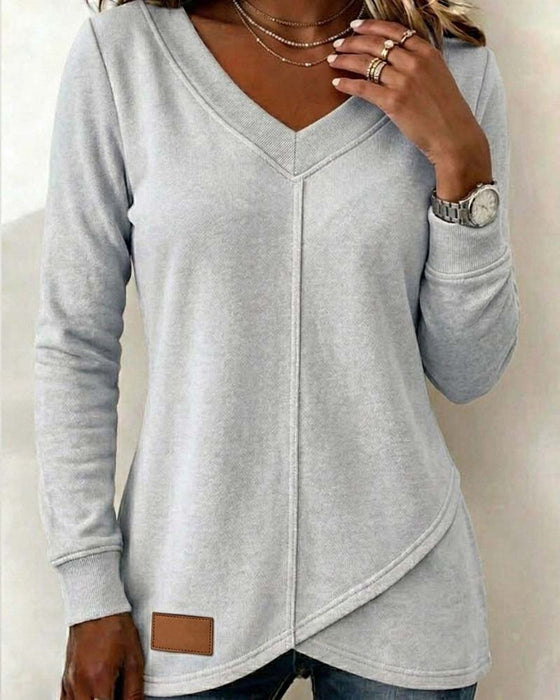 Sweatshirt Col-V Manche-Longue Croisé Asymétrique