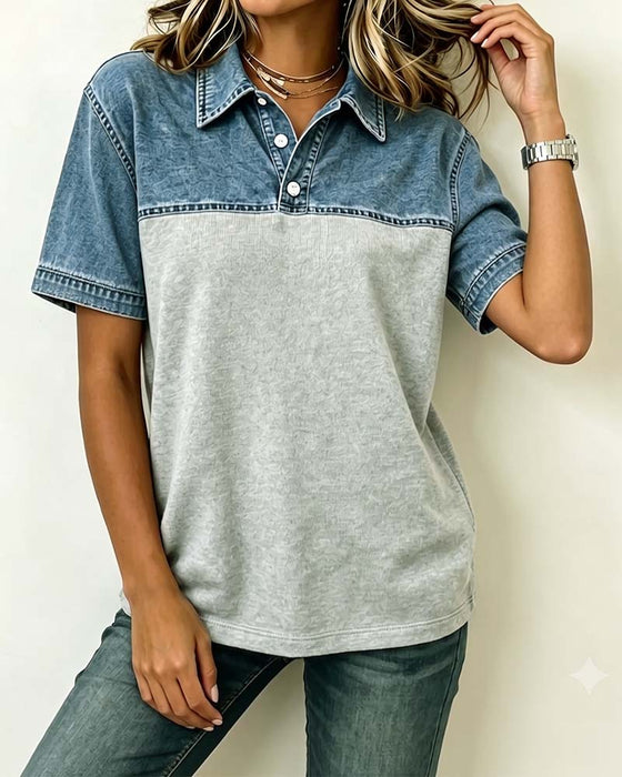 Blouse Manche Courte Col Chemise Denim Patchwork