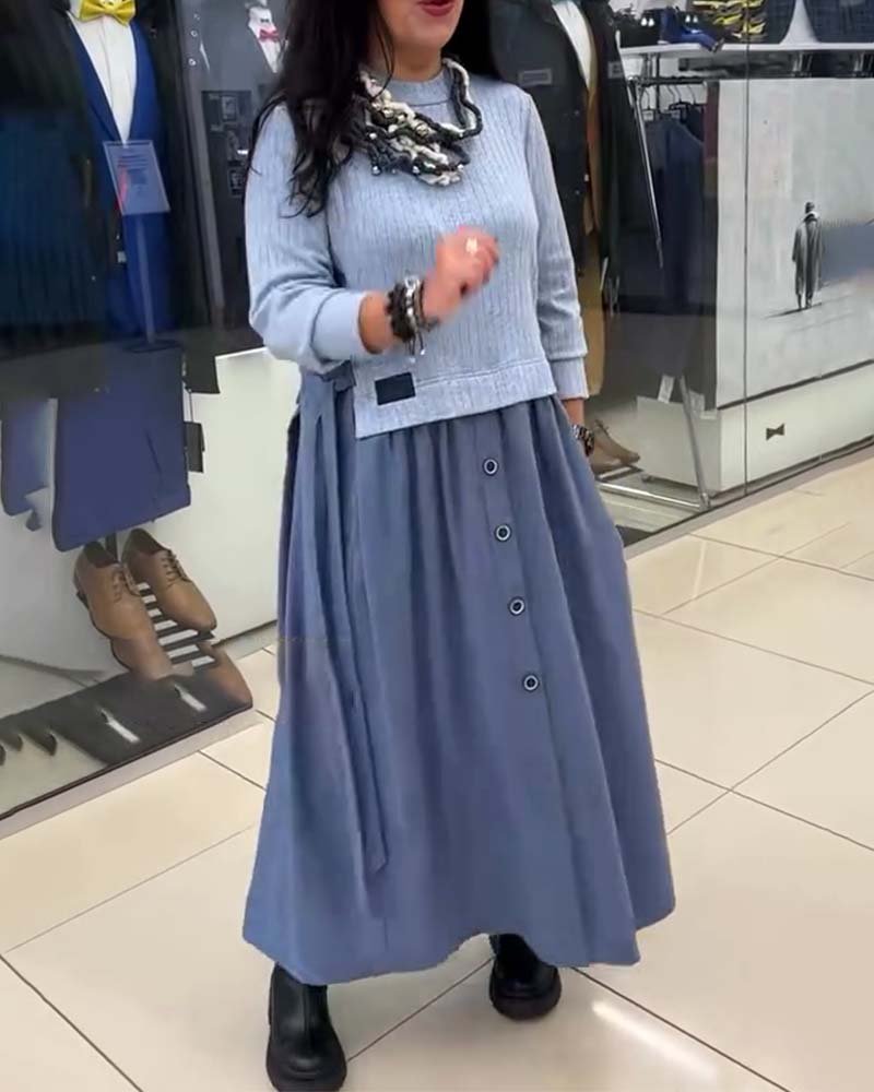 Robe Décontracté À Contraste De Couleurs Col Rond