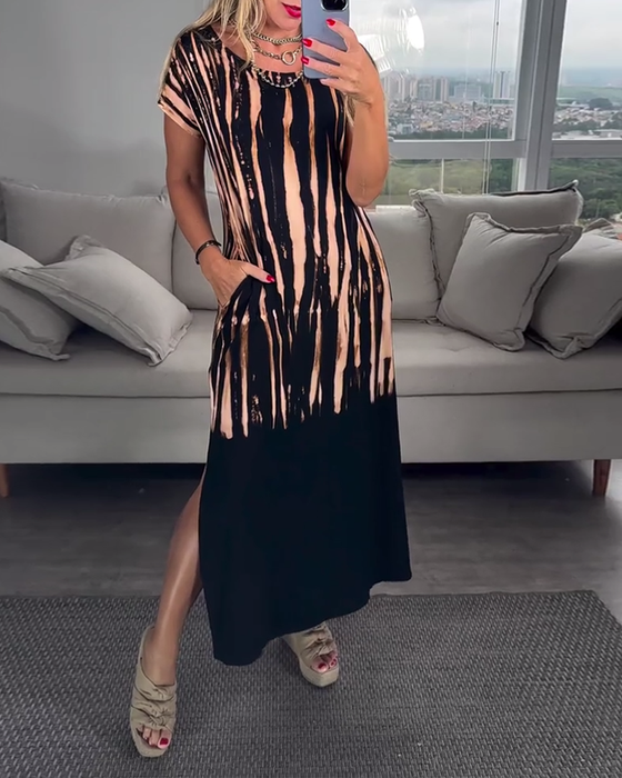 Robe décontractée à manches courtes fendue col rond imprimée