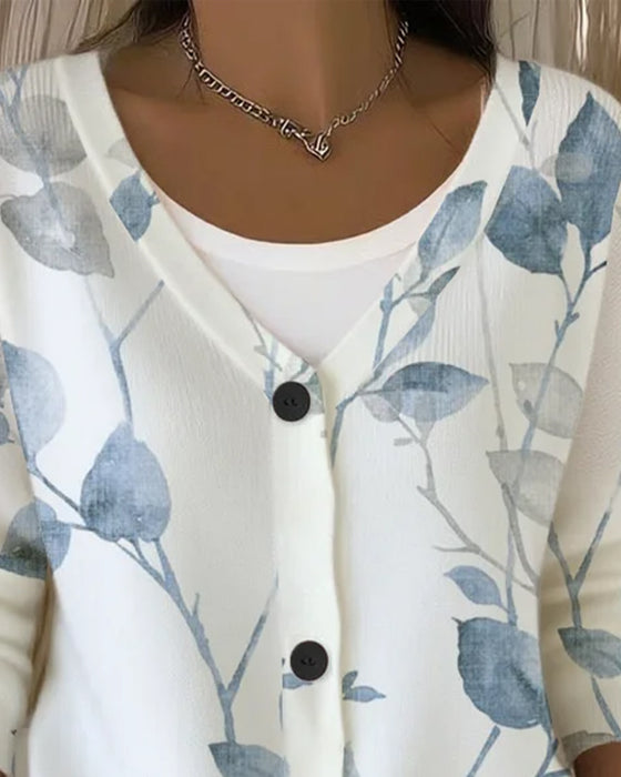 Pull Col V Bouton Feuille Imprimé