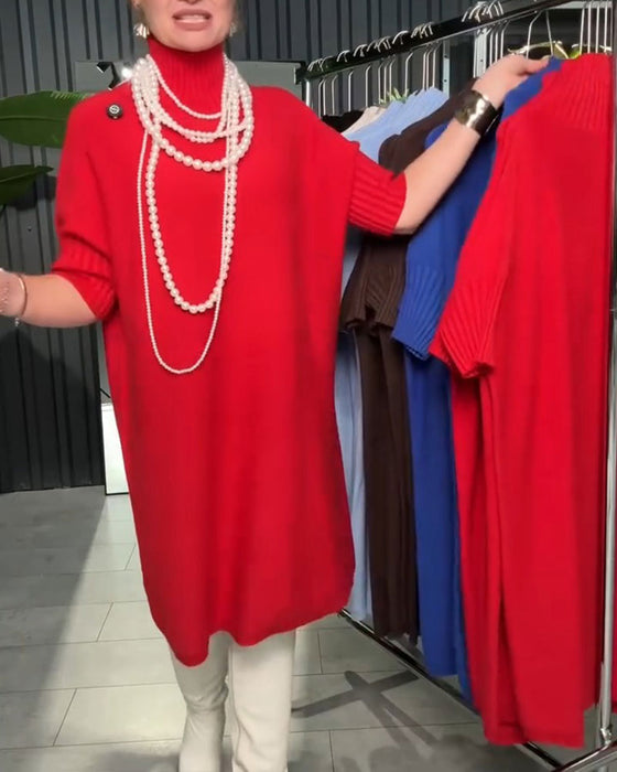 Robe Col Haut Manche Mi-Longue Droite Tricotée