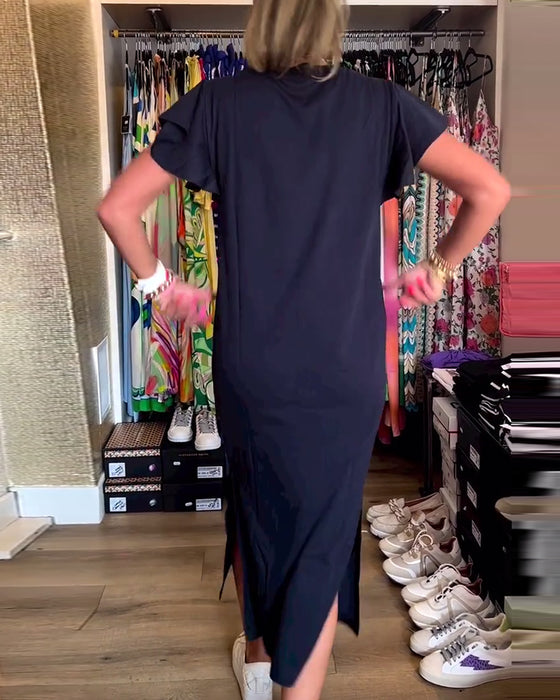 Robe décontractée fendue à manches volantées et imprimé lettre