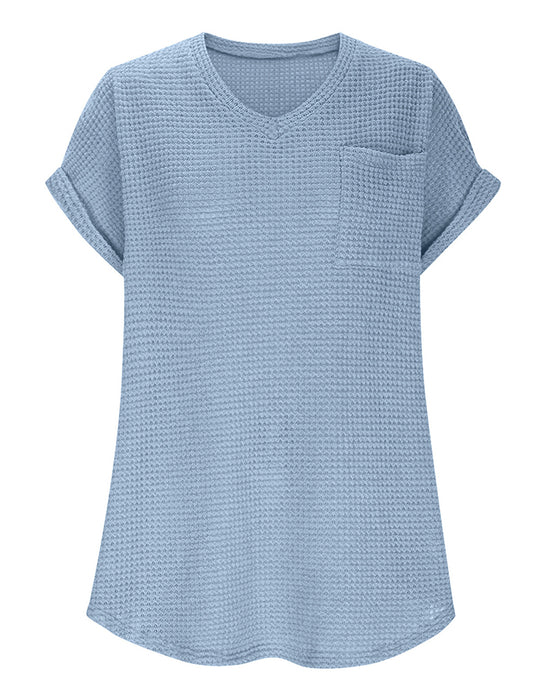T-Shirt Femme Maille Gaufrée Col V Décontracté Été