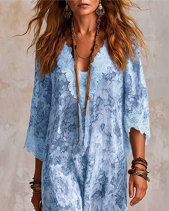 Robe Col En V Dentelle Patchwork Asymétrique