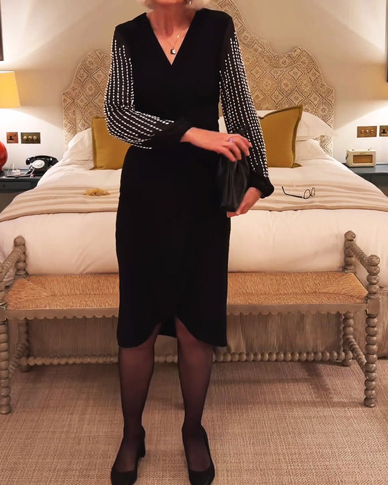 Robe Col En V Manches Longues Taille Cintrée Midi