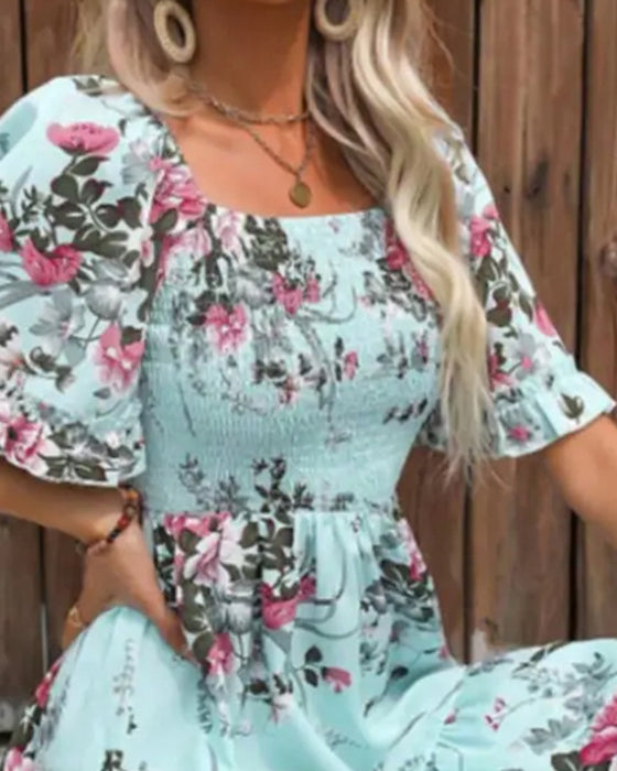 Robe Col Carré Florale Taille A-Ligne