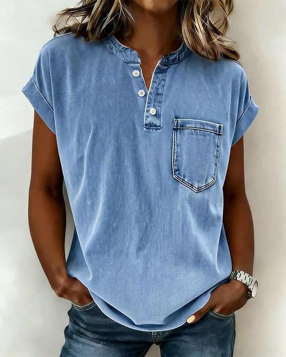 Top Lavé Denim Henley Manche Courte