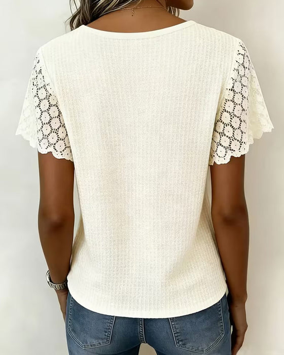 T-Shirt Col En V Gaufré Dentelle Patchwork Unie
