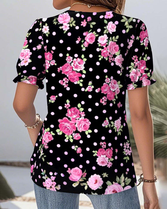 Blouse Col En V Manches Lanternes En Dentelle Imprimée