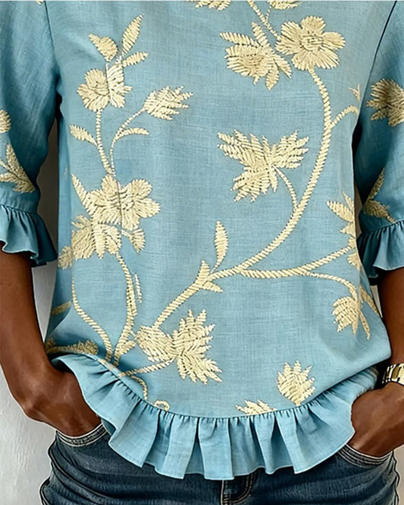 Blouse Jasmin Volant Col Rond Mi-Manche