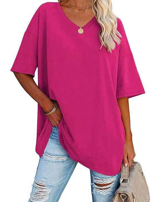 T-Shirt Col En V Lâche Décontracté Manches Courtes