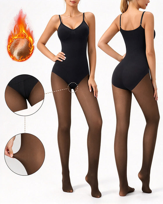 Panneau Transparent Avec Collant Doublé Polaire Stay-Warm Contrôle Du Ventre Effet Transparent Collant Bodysuit Noir Basique