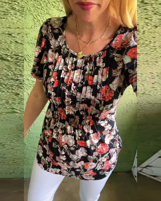 Chemisier Col rond Manche bouffante Plissé Fleuri