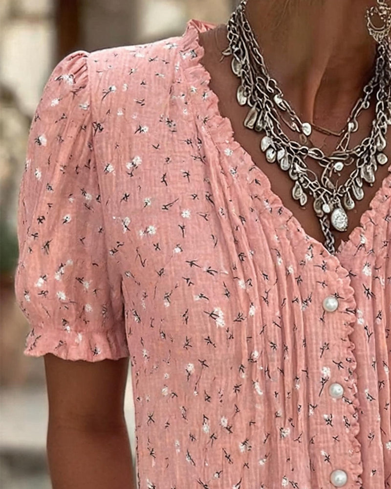 Chemisier Manches Bouffantes Imprimé Floral Manches Courtes