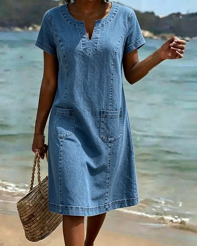 Robe Décontractée Fourreau Poche Petit Col En V