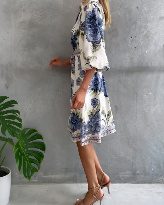 Robe Manche Lanterne Col Cranté Imprimé