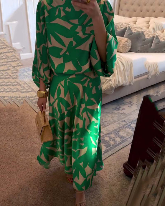 Ensemble Robe Décontractée Imprimé Manches Lanterne Tempérament