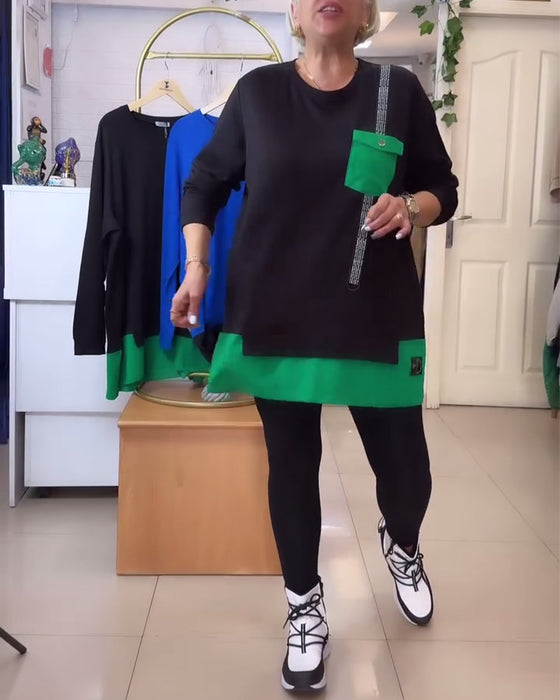 Sweat-shirt décontracté col rond poche couleur contrastée