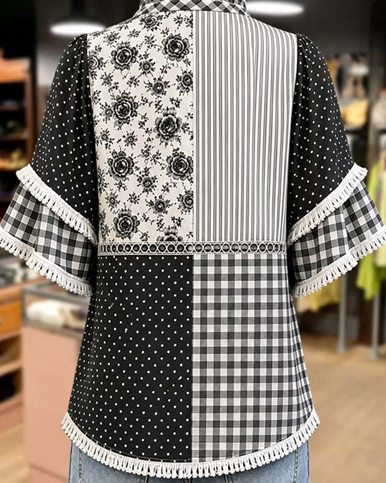 Blouse Col Mandarine Polka Dot Carreau