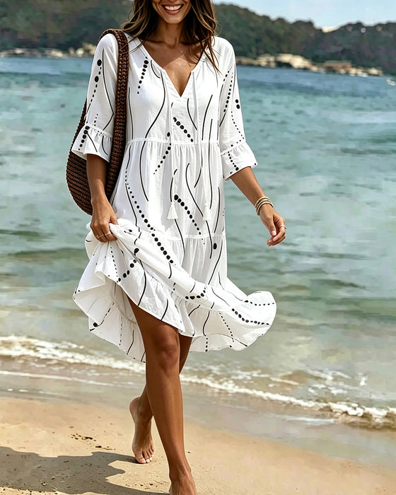 Robe Manches Volant Nœud Taille Pois A-Ligne