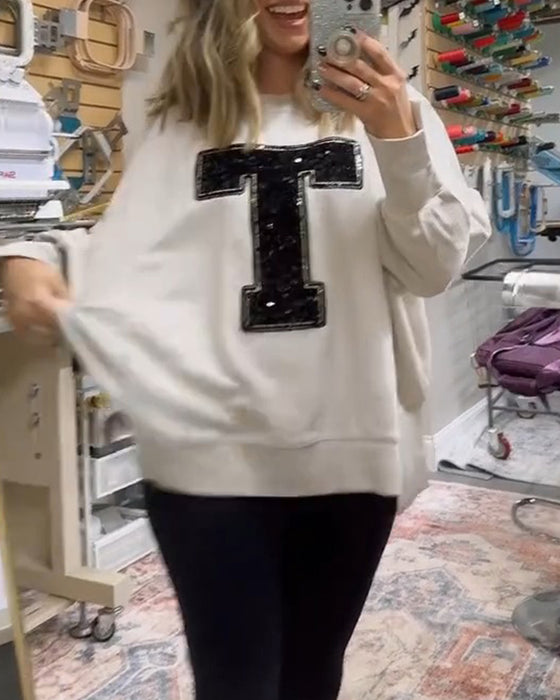 Sweatshirt Design T Paillettes Brodé Col Rond