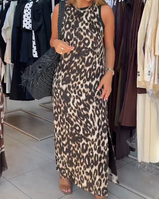 Robe Col Rond Léopard Sans Manches Maxi
