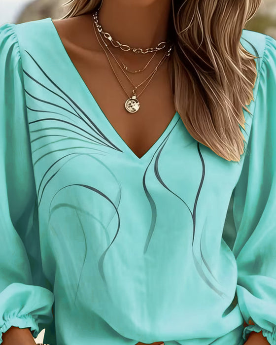 Blouse Col V Ligne Imprimé Manche Bouffante