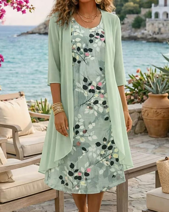 Ensemble Encre Feuille Verte Robe Sans Manches Cache