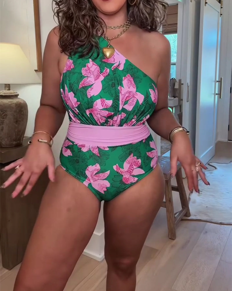 Maillot De Bain Une Pièce Cache-Cœur Bloc De Couleur Fleuri