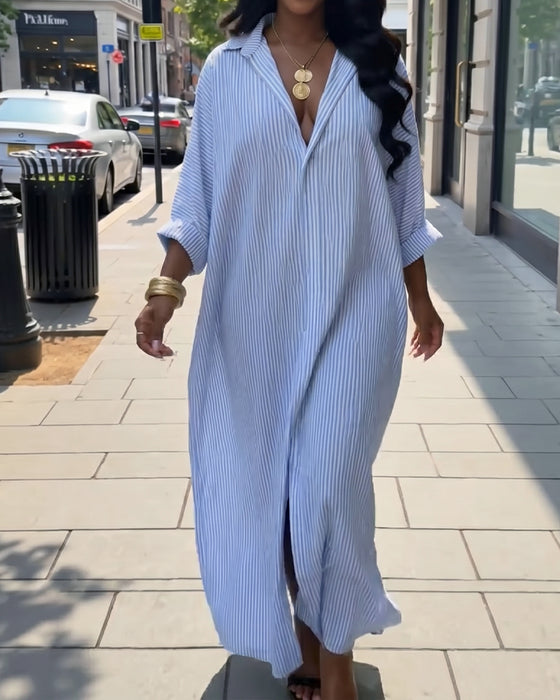 Robe Manches Longues Revers Lâche Rayée Chemise