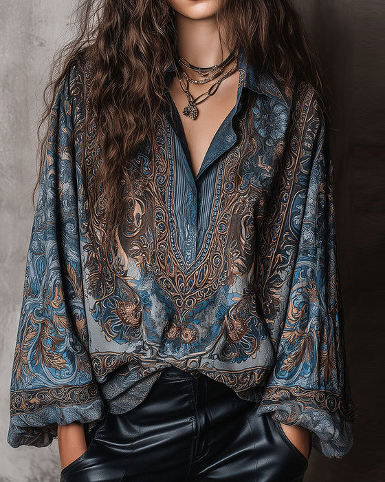 Blouse Retro Imprimé V-Cou Revers Sophistiqué