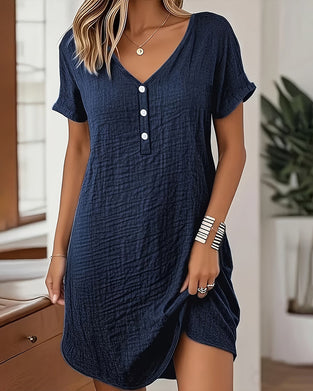 Robe Col V Plissée Manches Courtes Droite