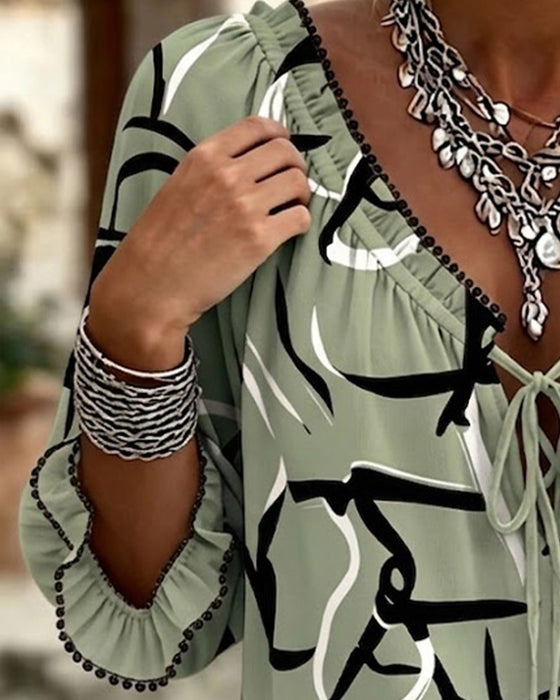 Blouse Imprimé Abstrait Col En V Lacets