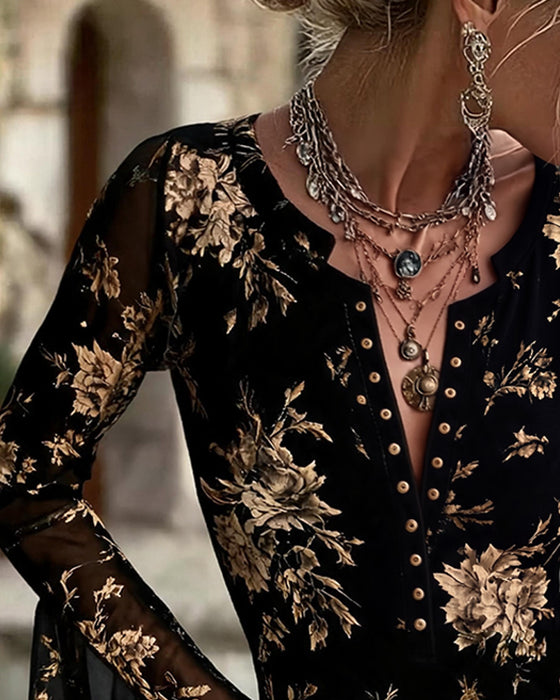 Blouse Col En V Bouton Devant Fleuri Manche Cloche