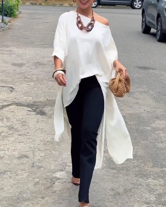 Blouse Col Asymétrique Irrégulier Fente Manche Coude