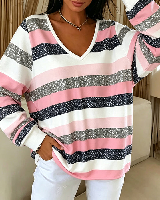 Sweatshirt Col V Bloc De Couleur Rayure Décontracté