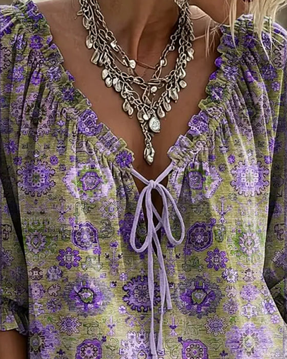 Blouse Col V Attache Vintage Imprimé