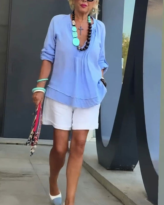 Blouse Col En V Froncée Panneau Décontractée