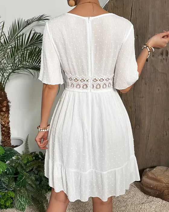 Robe Col En V Dentelle Garniture Taille Coupe A