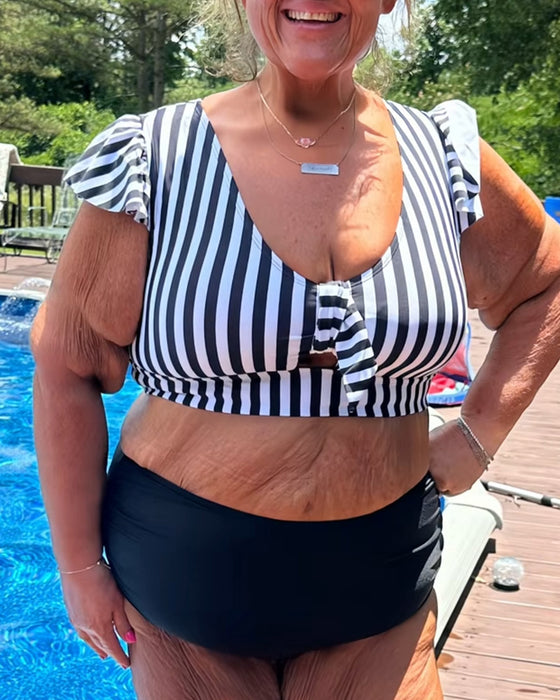 Bikini Rayé Manche Papillon Col En U